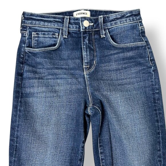 L'Agence Boot Cut Mid Rise Raw Hem Dark Blue Wash Jeans Sz 24 - Picture 2 of 4